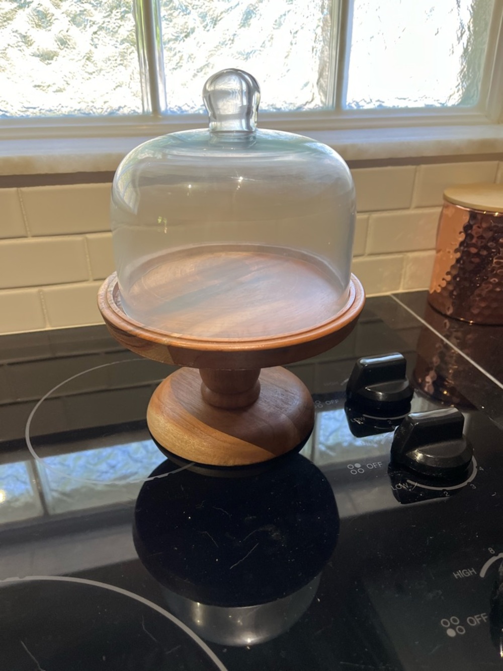 Glass Dome Cake Stand on Wooden Pedestal - Clear & Natural Wood - Picture 5 of 6